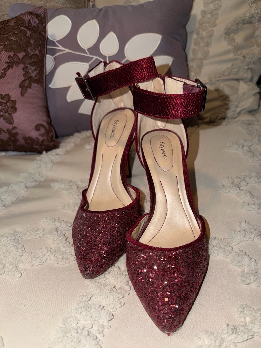 Style & Co. Burgundy Glitter Pointed-Toe Ankle-Strap Heels